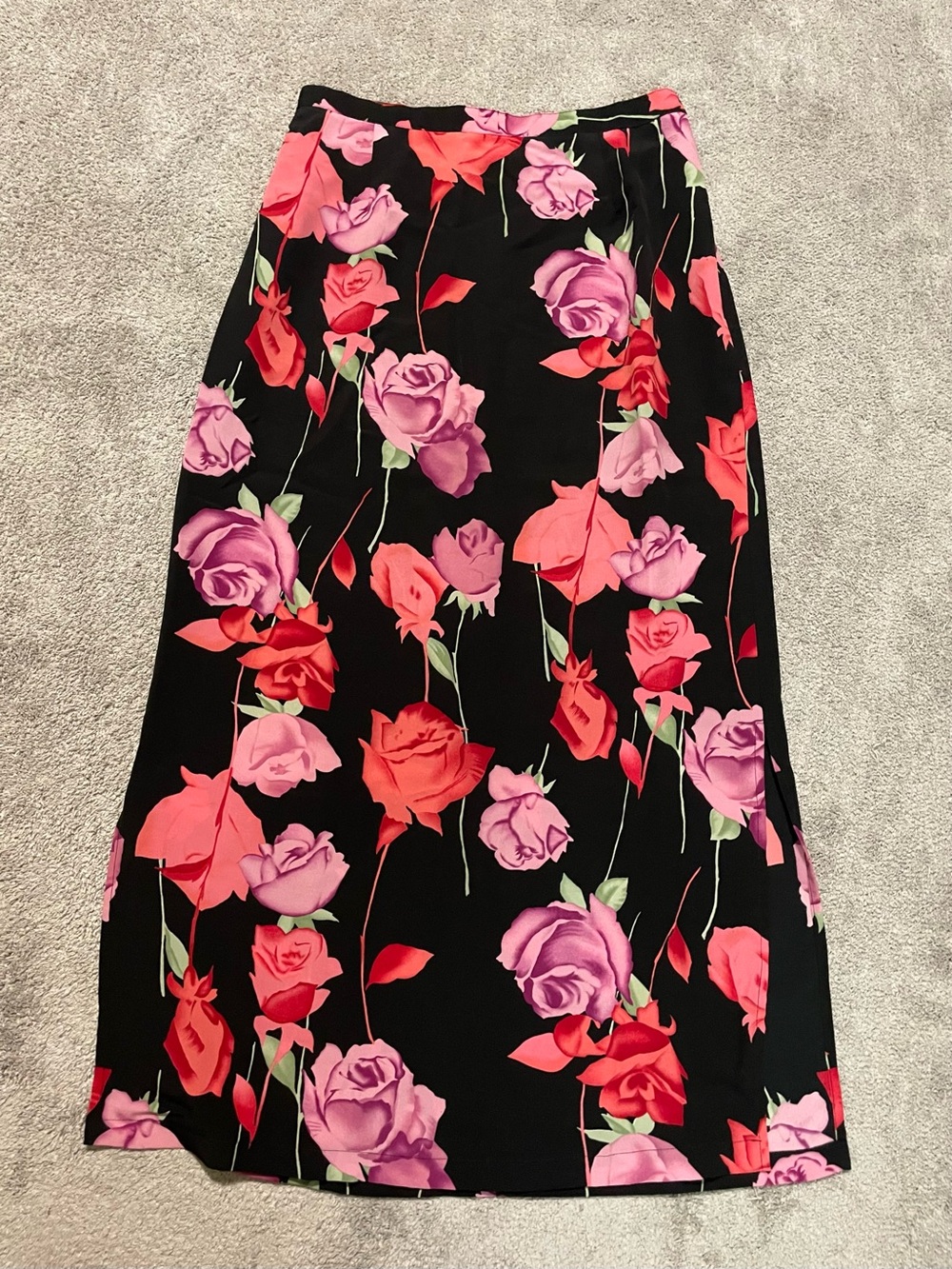Vintage Notations Maxi Skirt Womens M Black Pink Rose Floral Y2K 90s Long